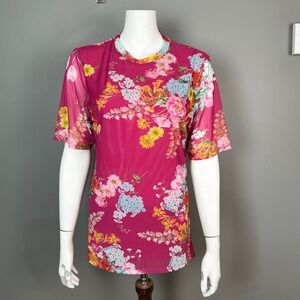 Johnny Was Jade top XL Mesh Pink Floral Print Crew Neck Short Sleeve